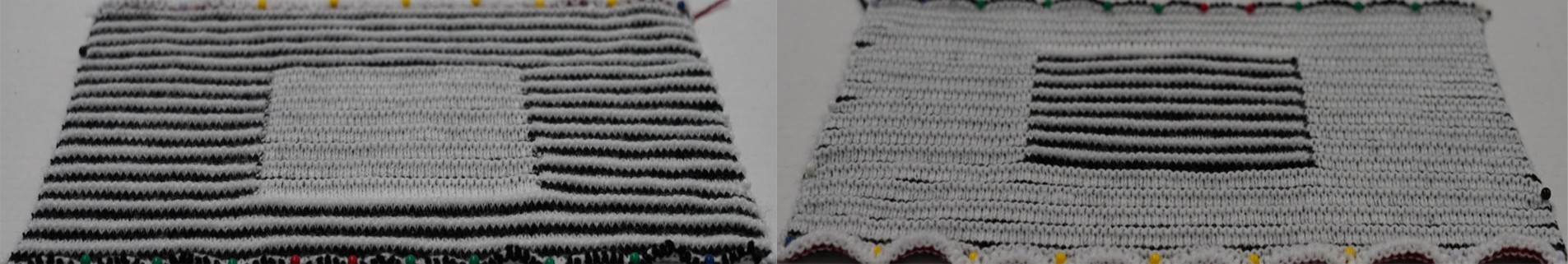 Two images of the same knitted object viewed from opposite sides. In the left image, we see a white square on a black-and-white striped background, giving a gray impression. In the right, the background is fully white, and the inner square is black-and-white striped.