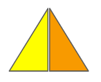 A diagram of two isoceles triangles that are matched on their side edge to form one roughly equilateral triangle. The left-side isoceles triangle is yellow, and the right-side isoceles triangle is orange.
