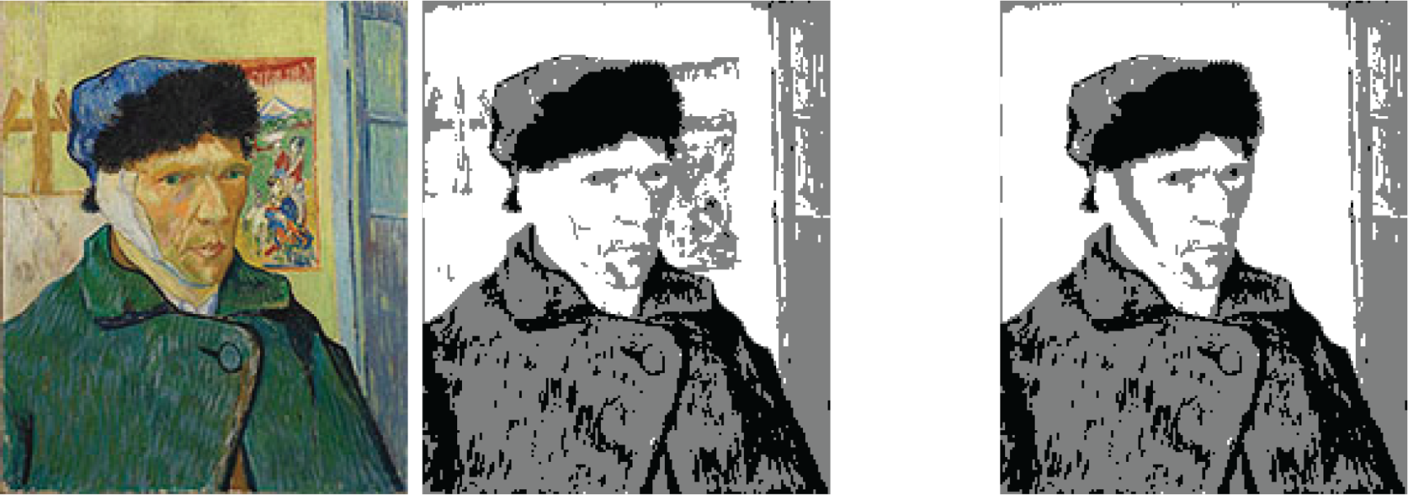 Three images. The first is of the normal, full-colour, full-detail Self-Portrait input. The second has been quantized into just white, gray, and black. The third has had detail on the wall removed so that Van Gogh's portrait is the only thing in the middle of the image.