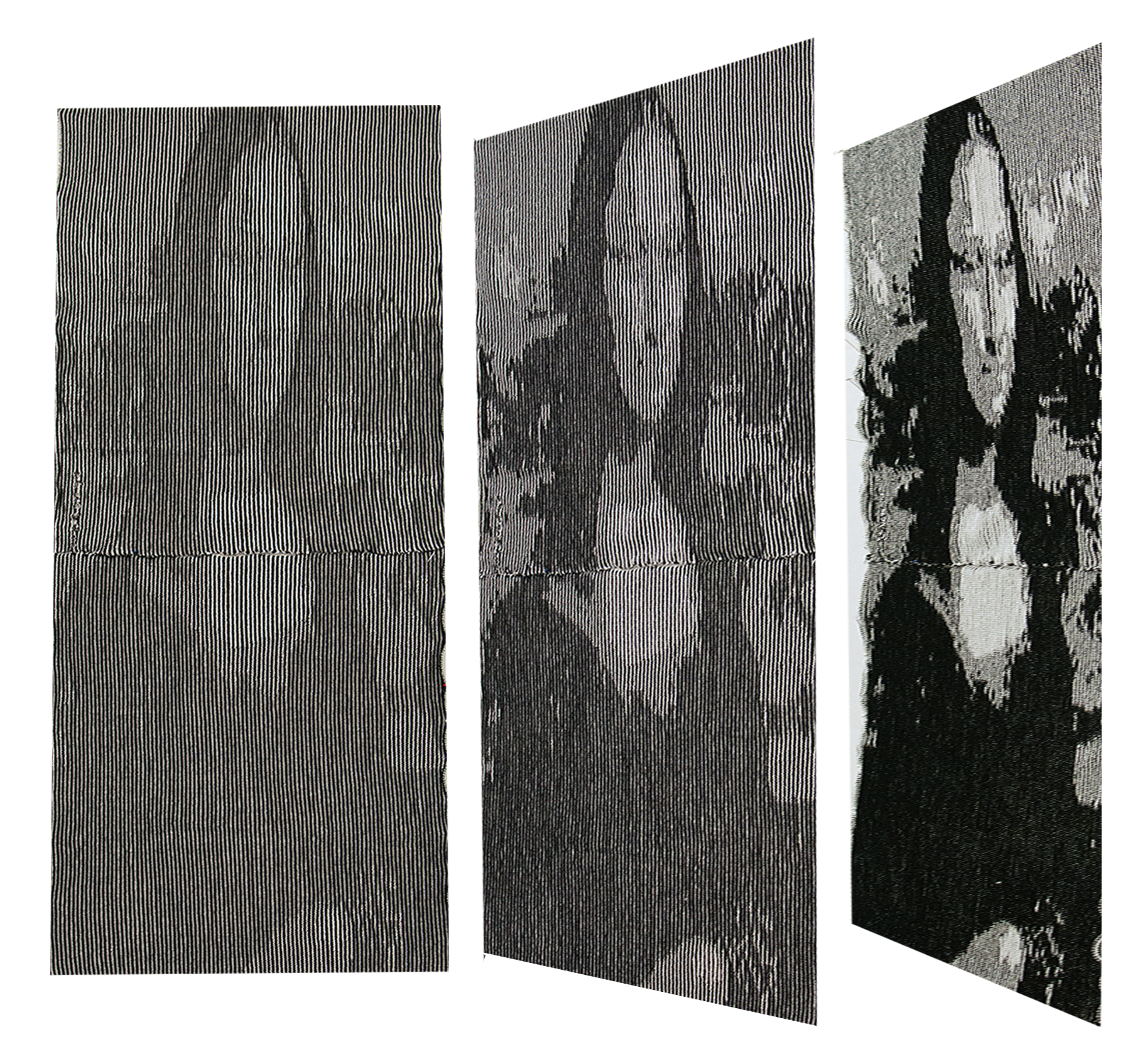 A triptych showing our Mona Lisa illusion from the head on, from a slight angle, and from an extreme angle. The front view obscures the image somewhat and it is not as distinct. The slight angle view has more contrast. The extreme angle view has more distinct areas, sharper white areas and darker black areas for even more contrast.