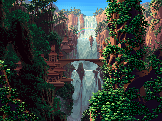 A pixel art image of a three-tier waterfall between two cliff faces, nestled behind elegant buildings constructed into the sides of the rock, and a curved bridge crossing the chasm. Green jungle foliage flanks the scene. The water is animated as falling down in cascades.