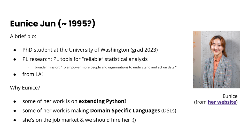 A slide with the heading "Eunice Jun", with some bullet point bio items (PhD student at the University of Washington (grad 2023); PL research: PL tools for "reliable" statistical analysis; broader mission: "To empower more people and organizations to understand and act on data."; from LA!) and some "why Eunice" questions (some of her work is on extending Python!; some of her work is making Domain Specific Languages (DSLs); she’s on the job market & we should hire her :)) ). A photo of her smiling against a wall is shown.