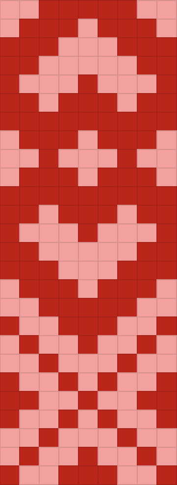 A pattern with a pink background and red foreground. At the bottom of the pattern is an X. Above the X is a heart, and just above that heart is another heart that is upside down, the tops of the hearts touching. It has a width of 9 and a length of 26, so the pattern will repeat every 26 rows.