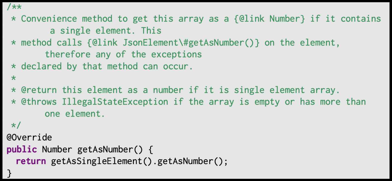 The getAsNumber method from the JsonArray class with the exceptional tag @throws IllegalStateException if the array is empty or has more than one element."