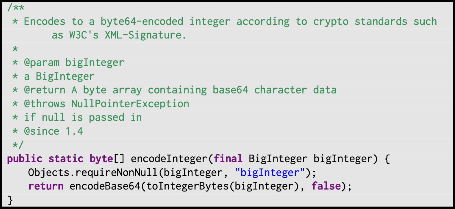 The encodeInteger method from the Base64 class with the exceptional tag @throws NullPointerException if null is passed in"