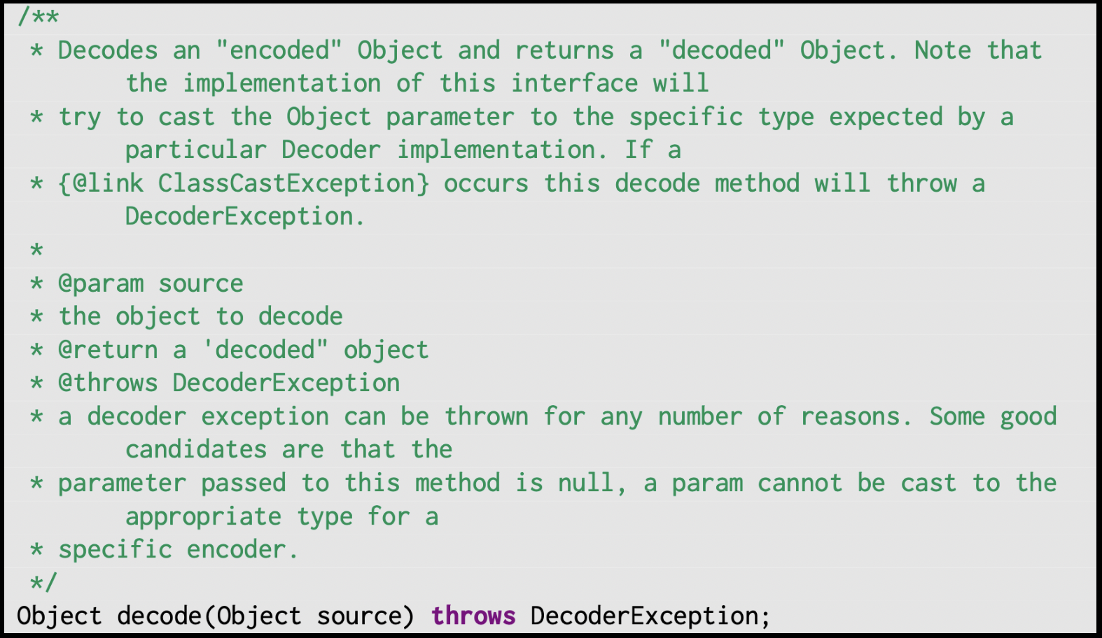 The decode method from the Decoder class with the exceptional tag @throws DecoderException a decoder exception can be thrown for any number of reasons. Some good candidates are that the parameter passed to the method is null, a param cannot be cast to the appropriate type for a specific encoder."