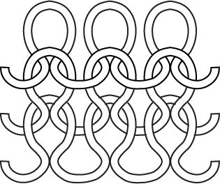 A set of loops. Each loop has a "head" and "legs", such that the yarn starts at the bottom of at the left leg, curves around and goes back down in the head, becoming the right leg and going back up again to form the left leg of the next loop. There are 3 loops in each row and column. The legs of the upper loop and head of the lower loop is arranged such that each set of legs are either arranged on top of or under the head in the row below. The top row has heads over legs, and the row below has legs over heads.