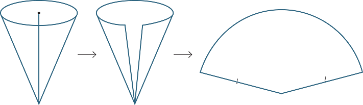 A diagram showing first a cone upside down, then the same cone that has been cut from the base to the tip, and then the unfolded version of the cone, which is a subset of a circle along an arc (almost a half-circle).