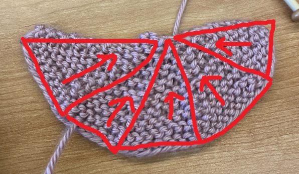 The same pink cone net as above, but with red triangles denoting the different segments, and arrows describing the knitting direction (perpendicular to the angle of the stitch lines).