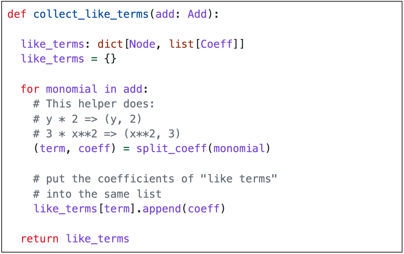 A block of Python code. The comments are in a slightly darker grey than the earlier image and contrast against a harsher white. Keywords and variable names are now a bright high-contrast purple.