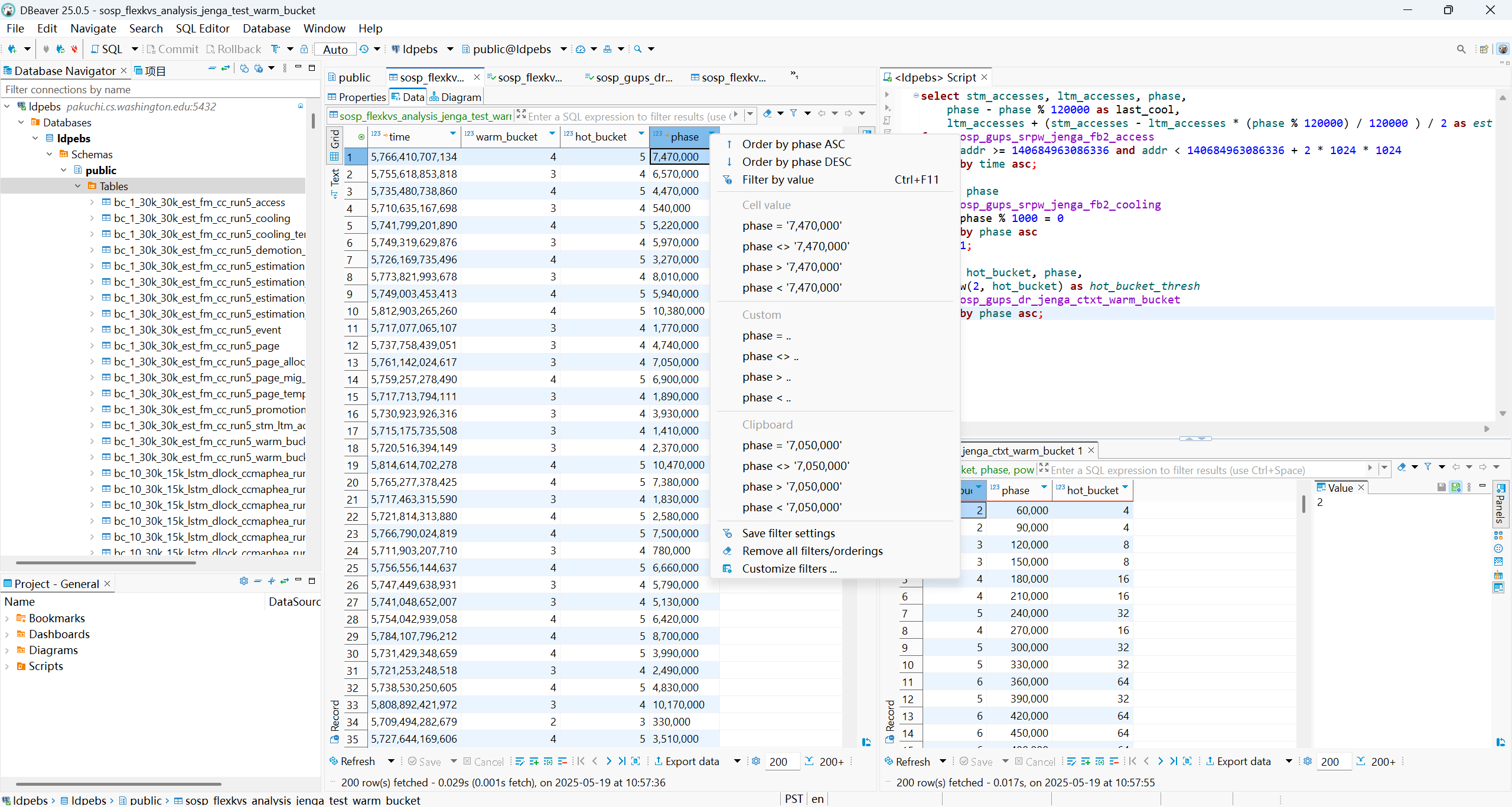 Screenshot of the DBeaver desktop application including a spreadsheet-like GUI and a SQL script editing window.
