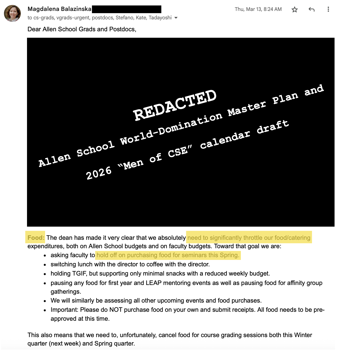 Magda's email about food