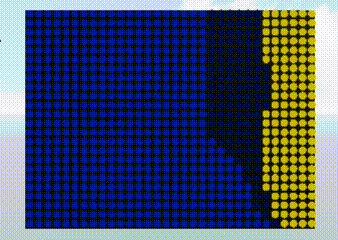 A short segment of the video "Bad Apple" rendered on 24x32 simulated blue-and-yellow flip-dot screen. The animation shows the camera zooming out from a figure dancing. The figure turns to the side profile and throws an apple. The camera follows the apple falling, which is caught by a witch on a broomstick, and inverts the colours in the scene. The witch flies towards a castle.