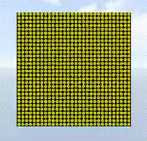 Animation on a flip-dot display showing, in one frame, a yellow background, and in the next frame, the blue rectangle appearing when the dots flip.