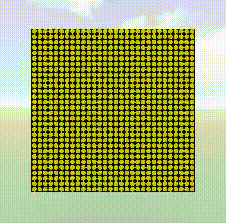 Animation on a flip-dot display showing a yellow background, then in the next three frames, noise begins to appear and grow inside the blue rectangle until the rectangle is solid blue.