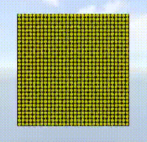 Animation on a flip-dot display showing a yellow background, and then a blue rectangle grows from the bottom-up two rows at a time until the full blue rectangle appears.