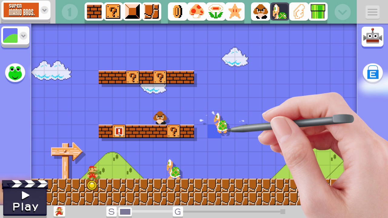 Screenshot of Super Mario Maker’s tile-based level editor showing a grid of blocks, enemy icons, and the palette used to build a stage.