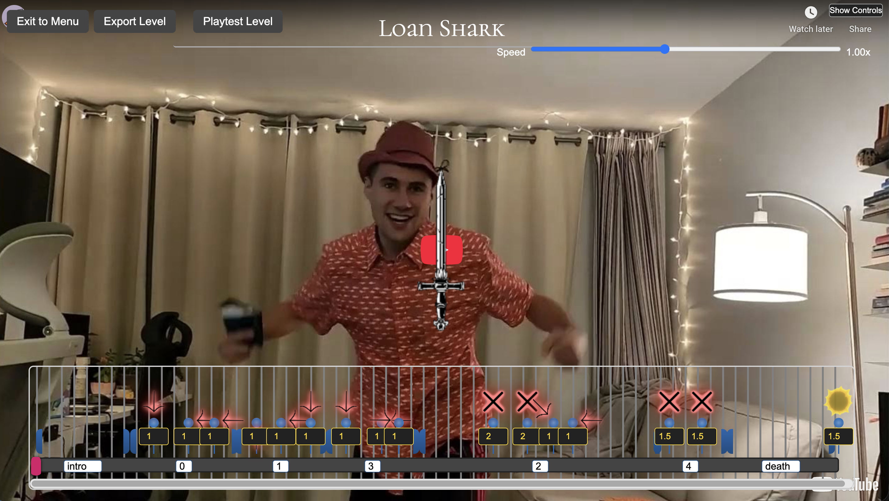 Screenshot of the Video Souls level editor displaying a YouTube video timeline with color-coded attack intervals and editing controls.