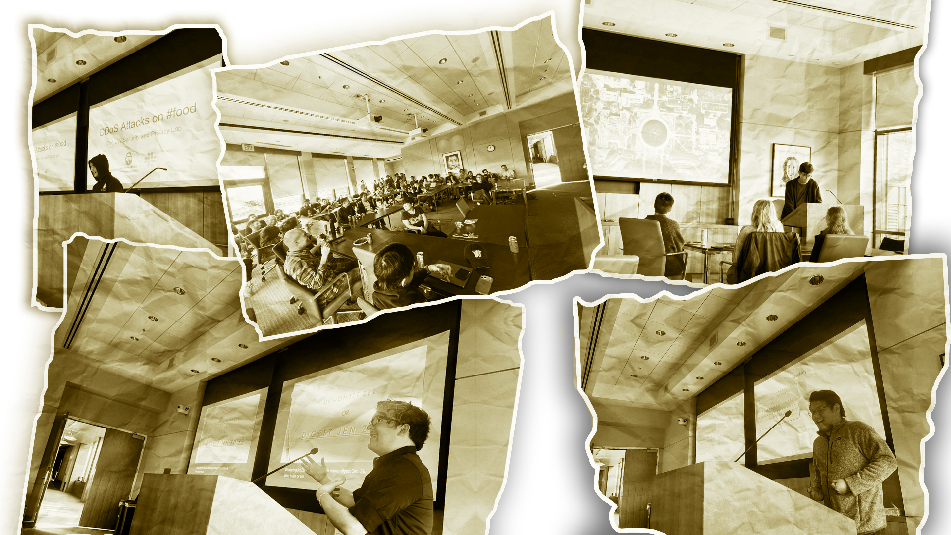 Sepia, torn-paper images of previous PoCSci presentations, with various speakers in front of projector screens, and one filled room.